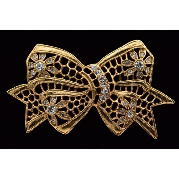 1928 Vintage Floral Bow Pin Brooch Rhinestone Crystal Antiqued Gold 1980s BinBP - Picture 1 of 12